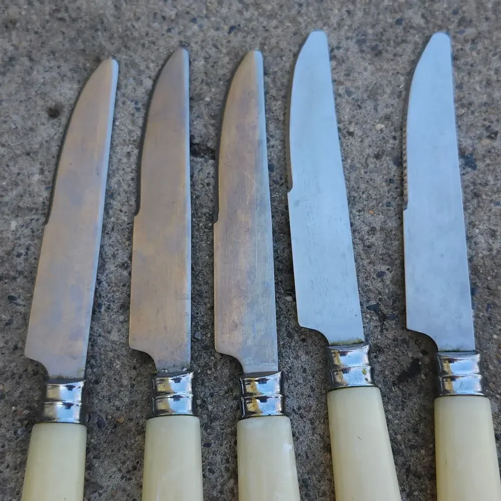 5 Pc Faux Mother Of Pearl Handle Dinner Steak Knives Stainless China Cream Lot